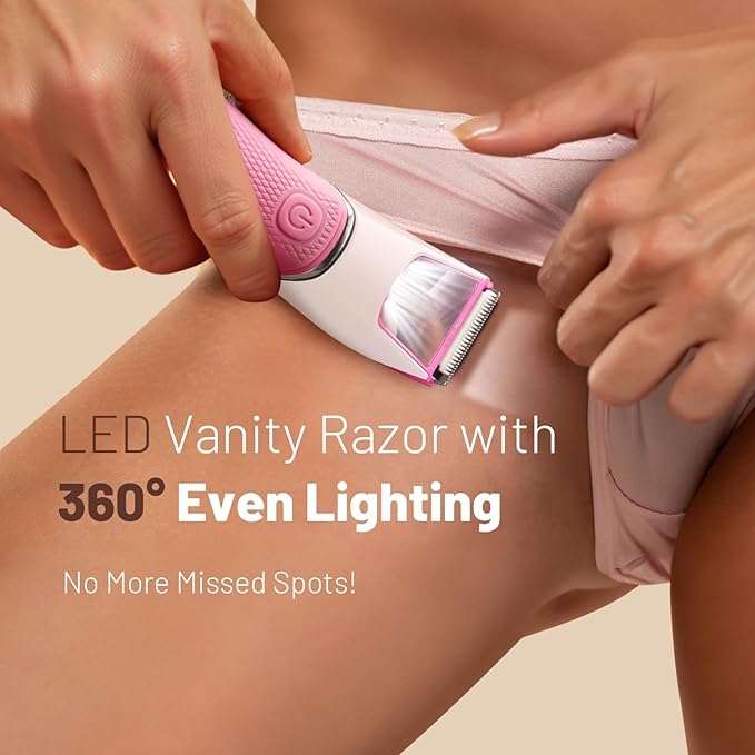 Rechargeable Bikini Trimmer for Women: Pubic Hair Razor with Mirror & LED Light - IPX7 Waterproof Electric Shaver, Travel Lock & Ceramic Blades for Legs Underarm - Light Rose