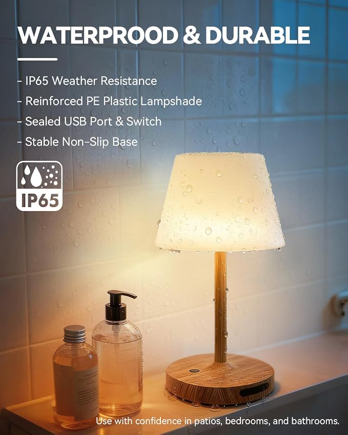 SAIWEYA Outdoor Waterproof Shower Lamp, 8000mAh Rechargeable Bathroom Lamp | IP65 Cordless Shower Light, Emergency Power Bank, Touch Dimming, Long-Lasting Battery, Versatile for Patio, Camping, Bathroom