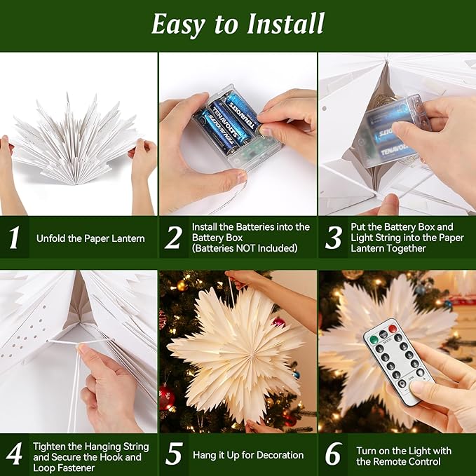 Lewondr Christmas Paper Star Lantern 2 Pack, Hanging Cherry Blossom Light with Remote Control, LED Paper Lanterns with 6H Timer for Holiday Home Decoration, 17.72 × 17.72 × 1.97 Inch, Warm Light