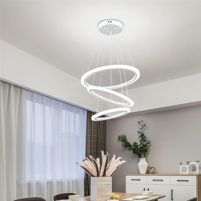 O'NEELDY Modern LED Chandeliers White Pendant Light Fixture 3 Ring Flush Mount Chandeliers with Adjustable Hanging Cord for Bedroom,Kitchen, Island Cafe