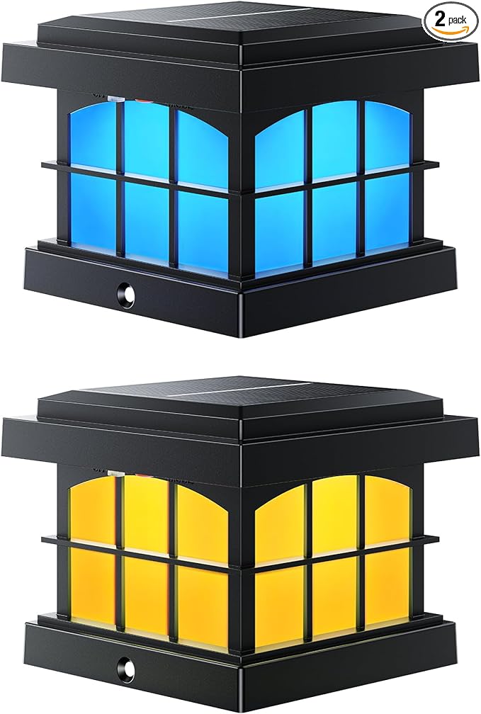 PARTPHONER RGBCW Solar Post Cap Lights 2-Pack, 9 Colors 3 Modes Fence Cap Lights, Bright Solar Outdoor Waterproof LED Deck Lighting for Fence Garden Deck Patio Porch Decor 4x4 Vinyl/Wood, Black