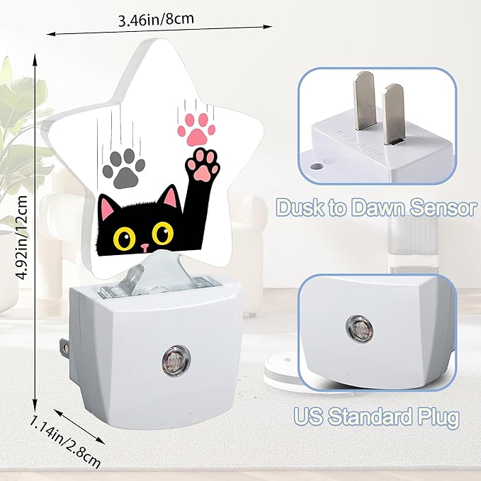 Cute Black Cat Night Light,Pink Gray Paws Plug-in Star Night Lights with Dusk-to-Dawn Sensor for Bedroom,Bathroom,Living Room Sleep Friendly Lamp for Women Girls Boys Gift,0.5W