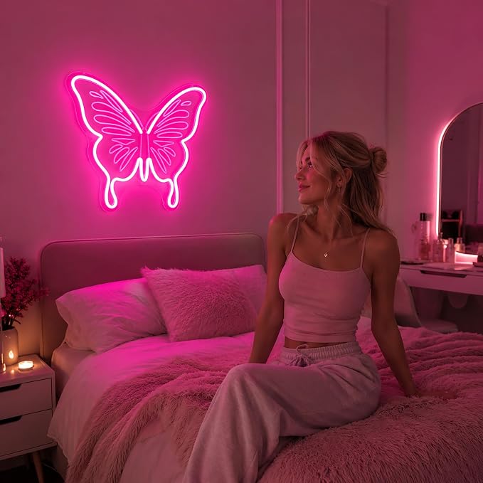Neon Sign, Butterfly Neon Signs for Wall Decor LED Signs Neon Light | Butterfly Neon Sign, Pink LED Signs for Bedroom, Living Room, Party, Club, Bar, Home Decor, Pink Decor, Gift, USB Powered