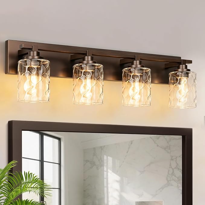 Modern Bathroom Lighting Fixtures Over Mirror, Vanity Lights for Bathroom, Wall Sconces with Clear Glass Shades, E26 Ceramic Socket, 4-Light 27.5-inch Oil-Rubbed