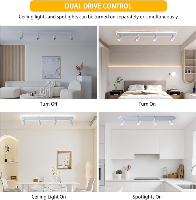Jaycomey Modern LED Ceiling Light with 4 Spotlights, Dimmable 58W Linear Ceiling Lamp Fixture with Remote, 43.3in Upgraded Flush Mount Ceiling Chandelier Lighting for Bedroom Closet Hallway (White)
