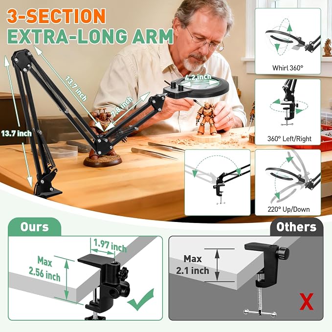 Magnifying Glass with Light, Overhead Knob Magnifier Lamp 12X 30X | 35in Adjustable Arm For Craft Repair Sewing Workbench Close Work, LED Magnifying Light Real Glass Stepless Dimming and Color