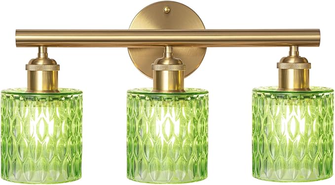 Bathroom Vanity Light, Gold Wall Fixture Over Mirror, Green Glass Shade Lighting with Bulbs Included for Bedroom & Living Room,3-Lights