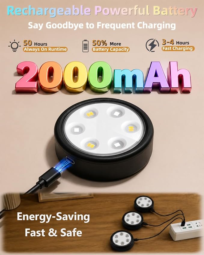 HOLKPOILOT Puck Lights with Remote, 2000mAh Battery Operated Rechargeable Under Cabinet Lighting, 3 Color Temps & 7 RGB Colors, Magnetic Closet Light, Black Wireless Puck Light for Kitchen, Shelf.