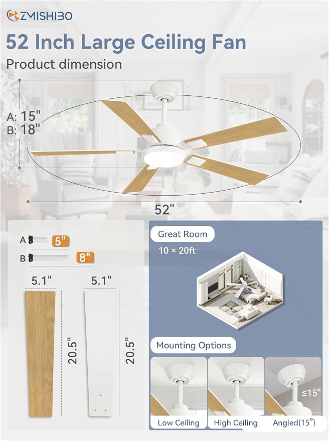 ZMISHIBO 52” Coastal Ceiling Fan with Light, Remote Control, White | High CFM Powerful Airflow, Quiet DC Motor, 3 CCT LED, Indoor/Covered Outdoor, Dual-Finish, Damp Rated