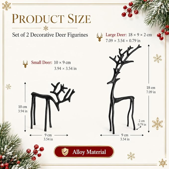 2 Pcs Christmas Reindeer Figurines Decor Xmas Tabletop Ornaments Black Deer Statue Ornament Imitation Metal Christmas Reindeer Statues for Living Room Patio Home Office Garden Backyard Decoration