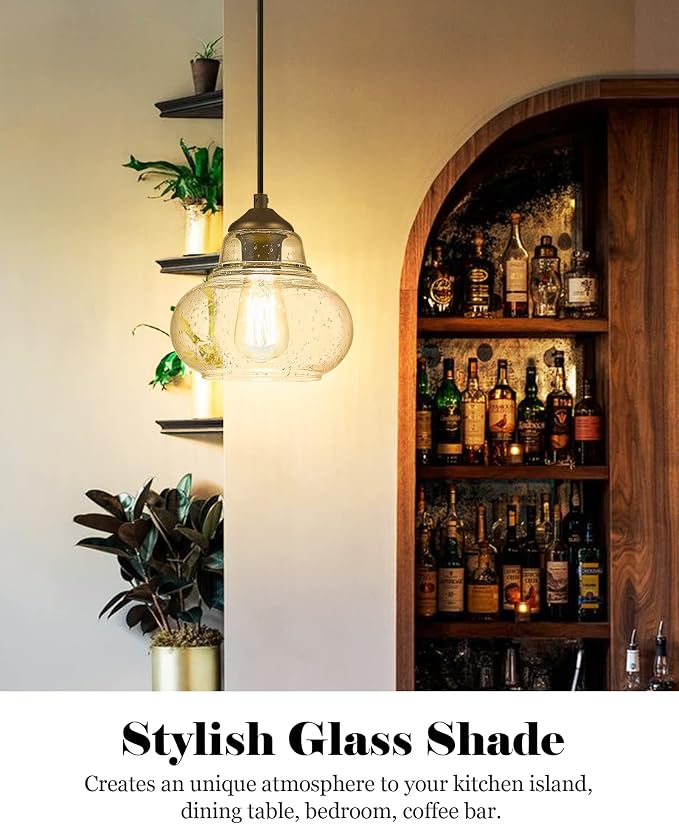 ELYONA 2 Pack Bubble Glass Pendant Lights, 8 Inch Vintage Hanging Lamp Seeded Glass Industrial Pendant Light Fixtures for Kitchen Island, Farmhouse, Bar, Bathroom, Dining Room, Oil Rubbed Bronze