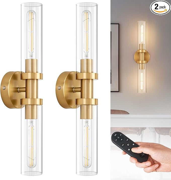 Gold Battery Operated Wall Sconce Set of 2, 12000mAh Rechargeable Wall Lights with Remote Control, Wireless Dimmable Wall Lamps for Bedroom Living Room Bathroom Hallway Stairwell