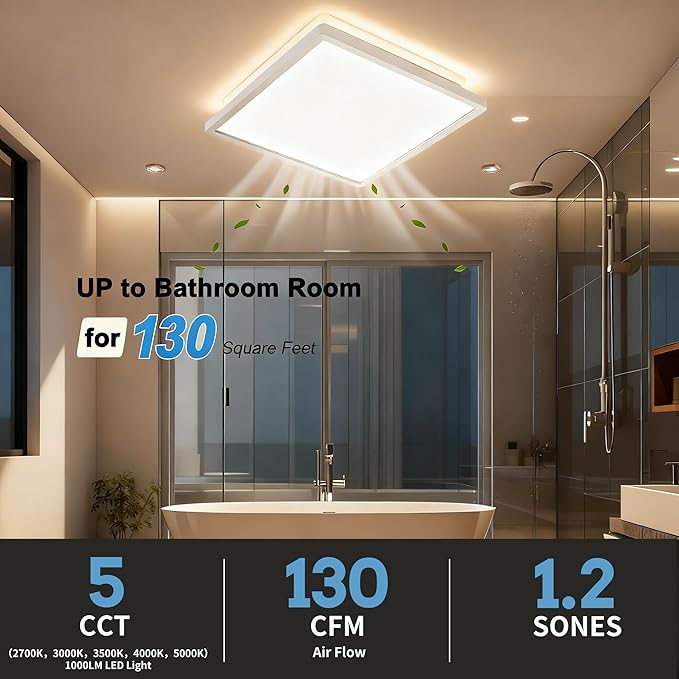 Tech Drive Bathroom Exhaust Fan with Light - 130 CFM, 1000lm Dimmable 5CCT LED Light with Night Light Selectable, 6-Inch Duct Quiet Ventilation Fan, Decorative White Trim, Easy to Install