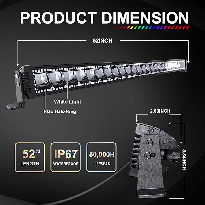 Lpteso RGBW LED Light Bar 52'' inch 300W Flood Spot Combo Beam 2PCS 4 Inch 18W Flood RGB LED Pods with 16 Solid Colors Chasing RGB Halo Ring Changing with Strobe Flashing with Rocker Switch Wiring