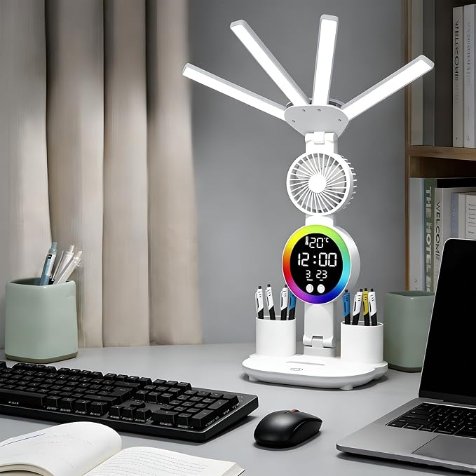 6-in-1 Led Desk Lamp Adjustable Foldable Table Lamp with Fan, Clock, Dates, Temperature, Pen Holder, 3 Color & Stepless Dimming, Reading Lamp for Study Table Work Office
