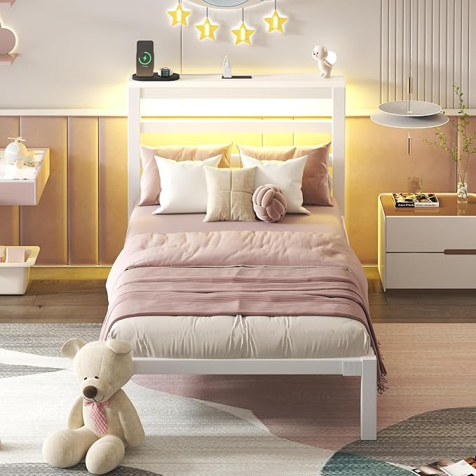 LOEWAY Twin Size Metal Bed Frame with Storage Headboard & LED Lights, White | Built-In Charging Station, Under-Bed Storage, Heavy Duty Metal Slats, No Box Spring Needed, Solid and Stable, Easy Assembly