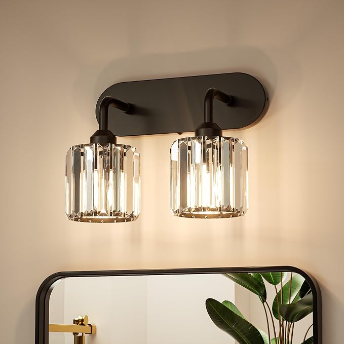 Keonjinn 2-Light Bathroom Light Fixtures Over Mirror, Crystal Black | Bathroom Vanity Lighting Fixture with Crystal Square Shades, Dimmable, Compatible with E26 Base LED Bulbs (Exclude Bulb)