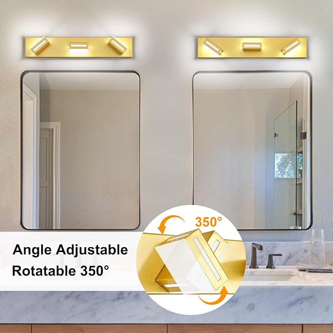 LED Modern Bathroom Light Fixtures, 3-Light 24-Inch Gold Vanity Lights for Bathroom Lighting Fixtures Over Mirror, 6000K Cool White 350° Rotatable Wall Lamp