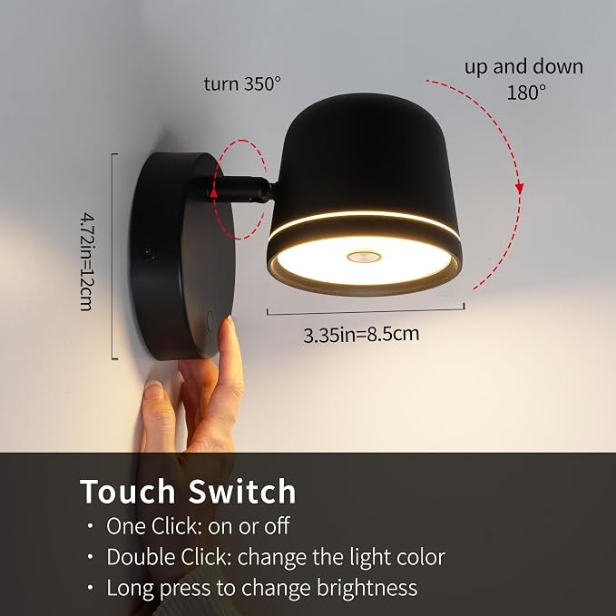 Aisilan LED Modern Wall Sconce with Touch Switch,12W Dimmable Hard-Wired Wall Light, Adjustable Black Hallway Light Fixtures, Up and Down Wall Mount Lamp for Bedroom Reading Living Room Bedside