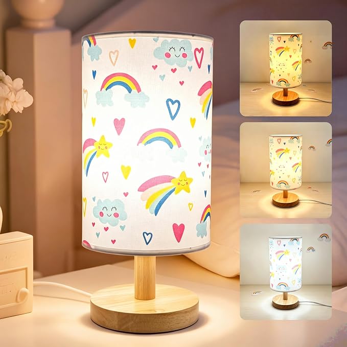 Rainbow Lamp for Girls Bedroom Bedside Table Lamps 3 Color Modes Kids Nightstand Night Light Lamp, Flaxen Fabric Shade Reading Desk Lamp for Nursery Living Room Office Rainbow Decor Gifts for Girls