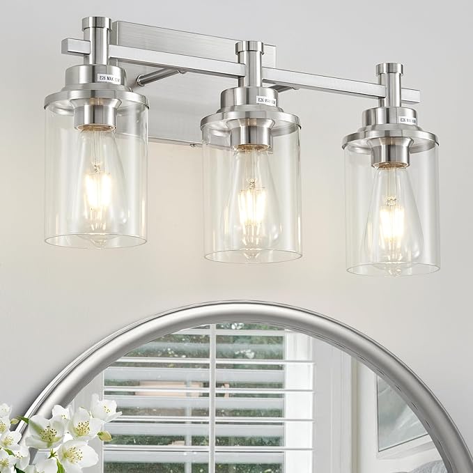 Brushed Nickel 3-Light Vanity Lights with Clear Glass Shade, Modern Bathroom Vanity Light Over Mirror, Kitchen Bedroom Hallway Cabinet Wall Lamp