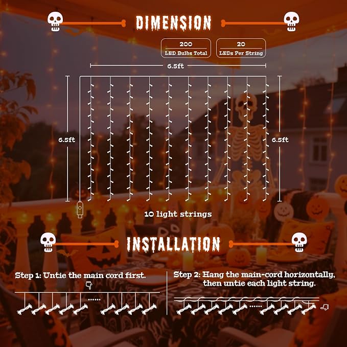 JMEXSUSS Orange Curtain Lights for Halloween, USB Plug in, 200 LED | Remote Control, Halloween Curtain String Lights, 8 Modes Orange Hanging Window Lights for Bedroom Party Indoor Outdoor Decor