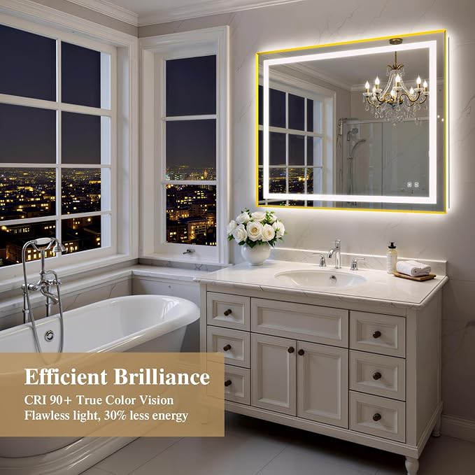 48X40 Inch LED Bathroom Mirror with Lights, Gold Frame Frontlit+ Backlit Bathroom Vanity Mirror for Wall, Ultra-Clear Tempered Glass, Shatter-Proof, Anti-Fog and Memory Function, ETL Listed | Bathroom Vanity Mirror for Wall, Ultra-Clear Tempered Glass,...