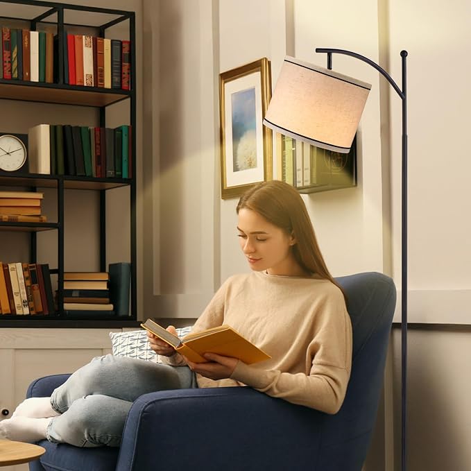 60" Floor Lamp for Living Room with 3 Color Temperatures, Beige Lampshade with Black Stripes, Tall Lamp for Bedroom Office, 9W Bulb Included