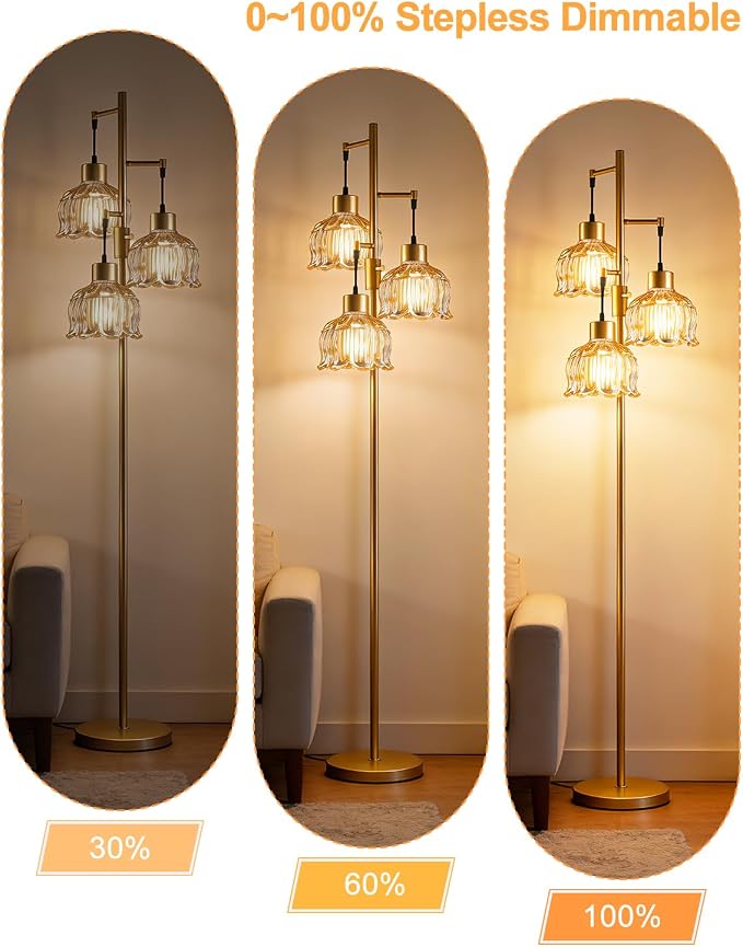 Lightdot 3-Light Lotus Floor Lamp 65'' Dimmable with Brown Glass Shade & E12 Bulbs Included, Mid Century Tall Flower Lamp with 5Lbs Heavy Base for Living Room/Bedroom/Sofa Beside/Corner Decor - Gold