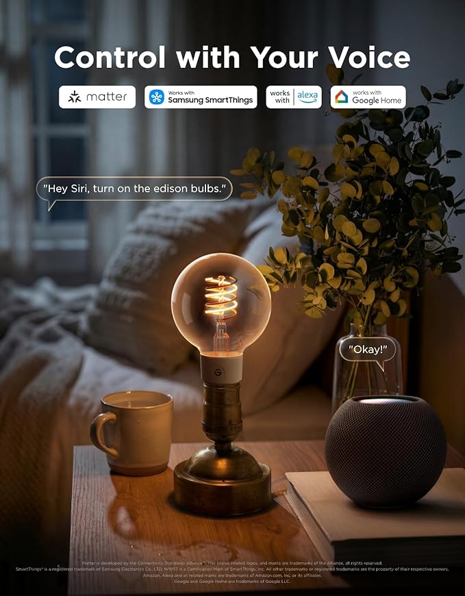 Govee Edison Bulbs, G25 Smart Vintage Light Bulbs, RGBWW, E26 Base 4 Pack | RGBWW and Tunable White, Compatible with Matter, Alexa & Google Assistant, Vanity light bulb for Living Room Kitchen