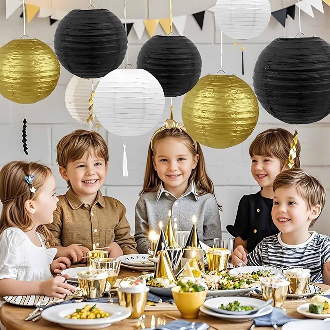 Black-Gold and White Paper Lanterns 12Pcs Hanging Lanterns for Birthday Party, Wedding, Home Decor, Baby Shower Festive Decoration