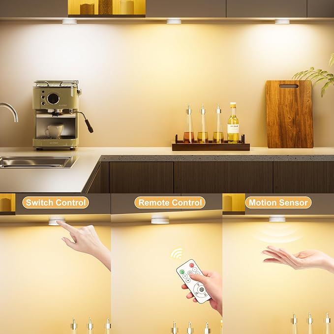 Under Cabinet Lighting, 1500mAh Rechargeable Motion Sensor Puck Lights with Remote, 3 Color Temper, Magnetic Stick on Light, Dimmable Under Counter Lights for Kitchen, Shelf, Closet, Stair, 4 Pack