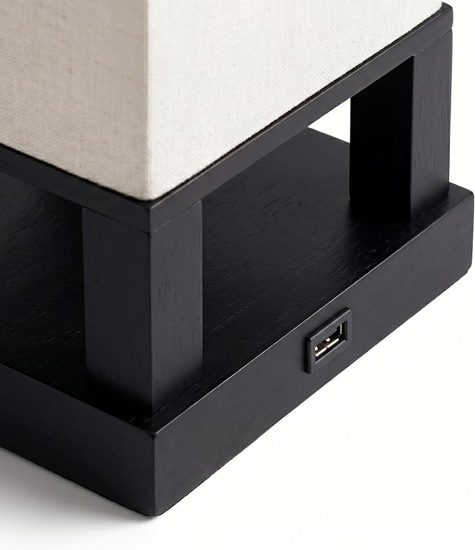 Brightech Maxwell Bedside Lamp with USB Port – Compact Table Lamp for Bedroom, Living Room - Modern Asian Nightstand Lamp with Wood Frame - LED Bulb, Soft Light - Black