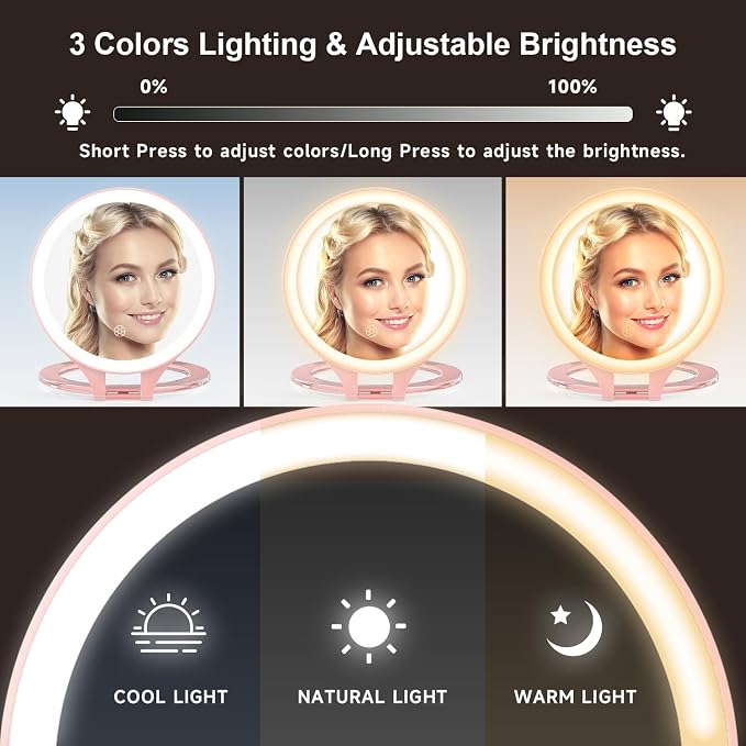 Mocado 1X/20X Magnifying Mirror with Light, Travel Makeup Mirror with Light | Double Sides Travel Mirror with 3 Color Light, Dimmable Touch, 1500mAh Rechargeable, Brightness Adjustable(Pink)