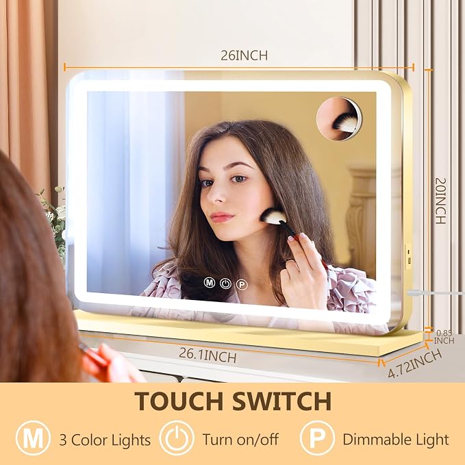 Ratsamee Gold 26" x 20" Vanity Mirror with Lights, Led Makeup Mirror, Lighted Makeup Mirror with 3 Color Dimmable Lights, Smart Touch Screen Control, Aluminum Metal Frame,USB Charging Port