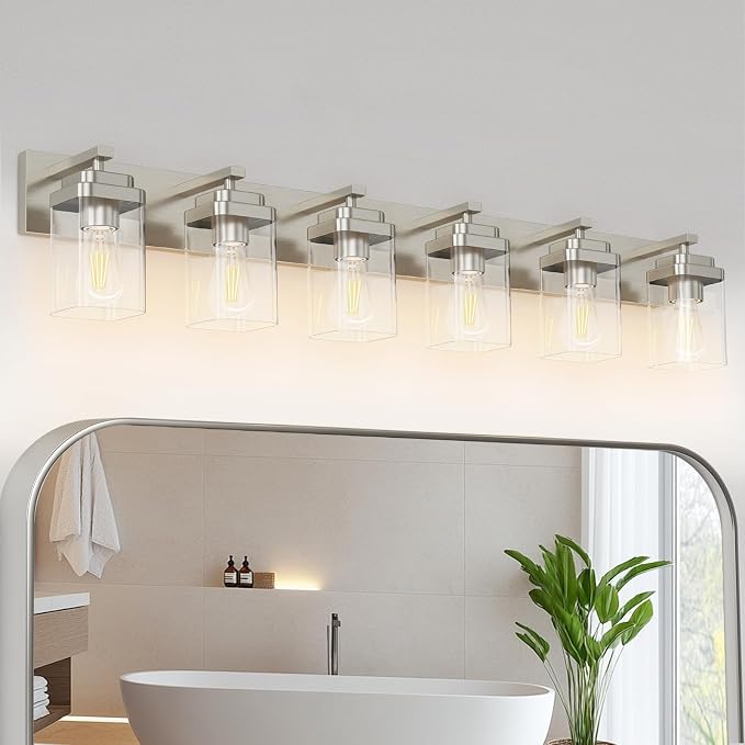 Brushed Nickel Bathroom Light Fixtures, 6 Lights Bathroom Lighting Fixtures Over Mirror, Square Design & Rectangle Large Backplate, Modern Vanity Lighting Fixtures, for Living Room/Bedroom