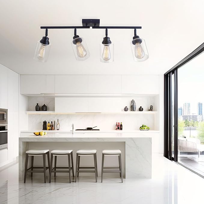 4-Light Black Ceiling Track Lighting E26 Clear Glass Light Fixture | Black metal 4 adjustable heads, clear glass semi flush mount E26 track light for kitchen, bathroom, living room