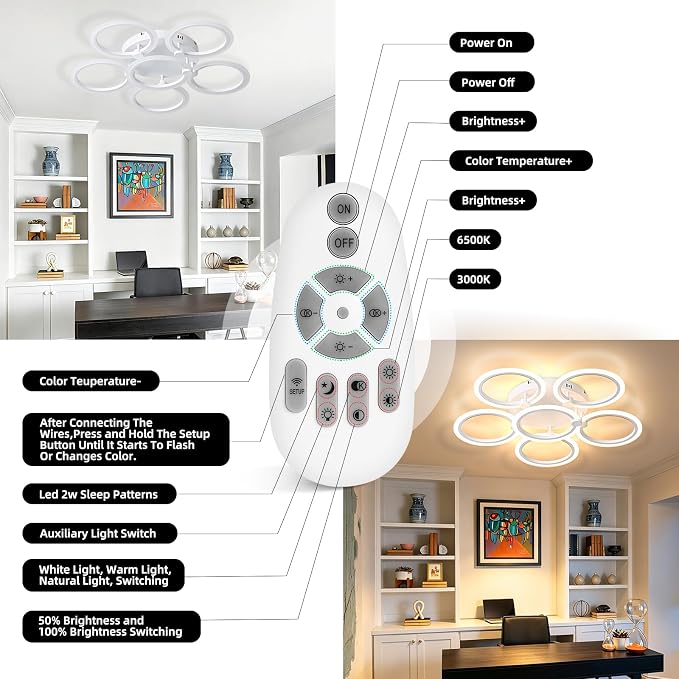 LED Ceiling Light, 6-Ring Modern Flush Mount Fixture, 77W Dimmable 3000K–6500K, White Ceiling Light with Remote for Living Room Bedroom Kitchen (28.9")