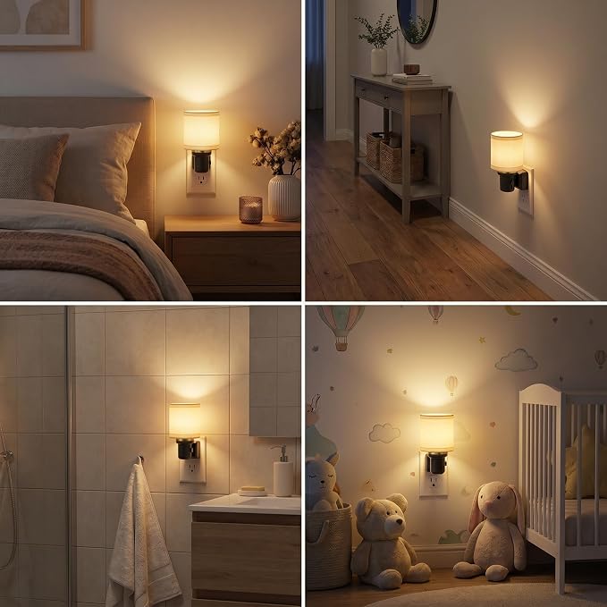 JandCase Night Lights Plug into Wall 2 Pack Linen Fabric Vintage Nightlight | 0-100LM Dimmable Farmhouse Decorative Nightlights with Dusk to Dawn Sensor, for Bedroom Living Room Hallway