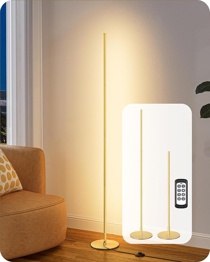 EDISHINE 59.8" Corner Lamp with Remote & 3 Height Settings, Dimmable & 3CCT | Foot Switch, Stable KD Structure, Minimalist Standing Lamp for Living Room, Bedroom, Office, Gold