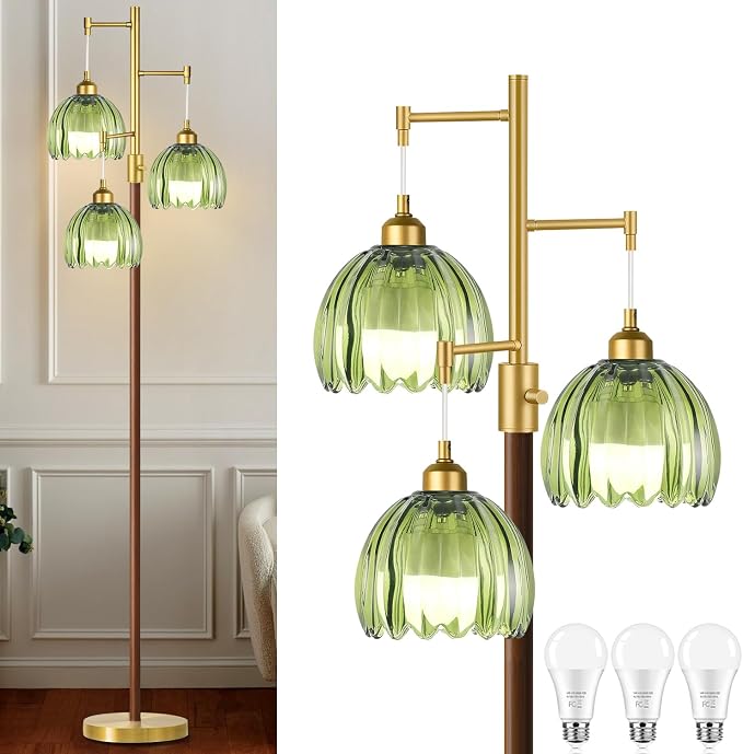 Wood Floor Lamps for Living Room Bedroom-3 Light Gold Floor Lamp with Glass Lampshape, Flower Tall Lamp Glass Mid Century Standing Lamp Vintage Tree Floor Lamp for Bedroom Corner