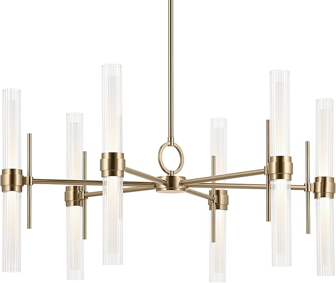 Kichler Riven LED 12-Light Chandelier with Clear Fluted Glass in Champagne Bronze, Sloped Ceiling Compatible, for Kitchen or Dining Room (17" x 33"), 52752CPZLED