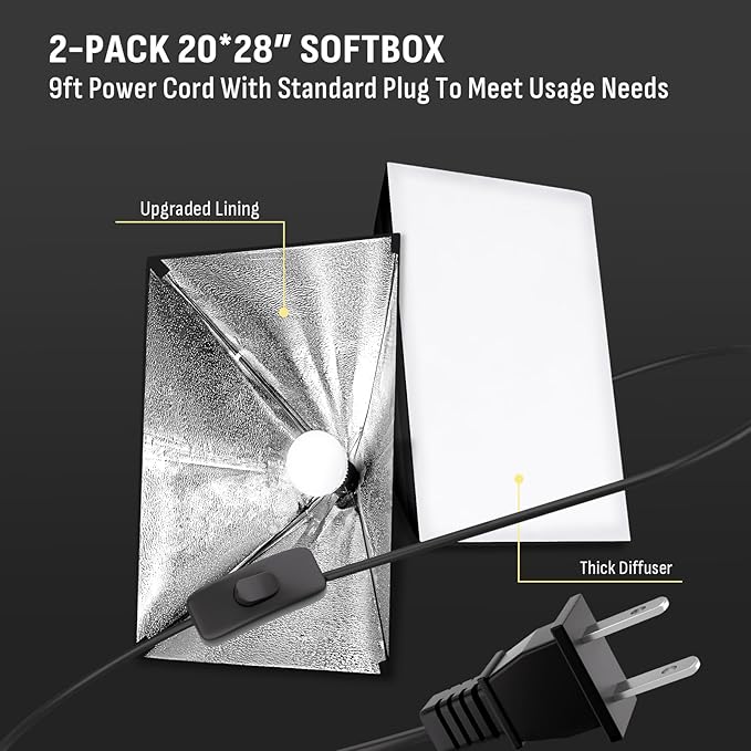 NiceVeedi 85W Photography Lighting, 2-Pack 20'' x 28'' Professional Softbox Lighting Kit with 53'' Boom Arm & 91'' Tripod Stand, Remote Control, Studio Lights for Live Streaming/Portrait/Photography
