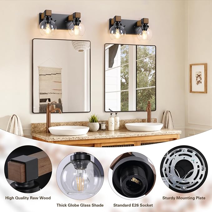 Farmhouse Bathroom Vanity Light, 2-Light Wood Bathroom Light Fixtures Over Mirror, Black Vanity Lighting Fixtures with Glass Shades, Rustic Bathroom Lighting for Living Room Bedroom Hallway
