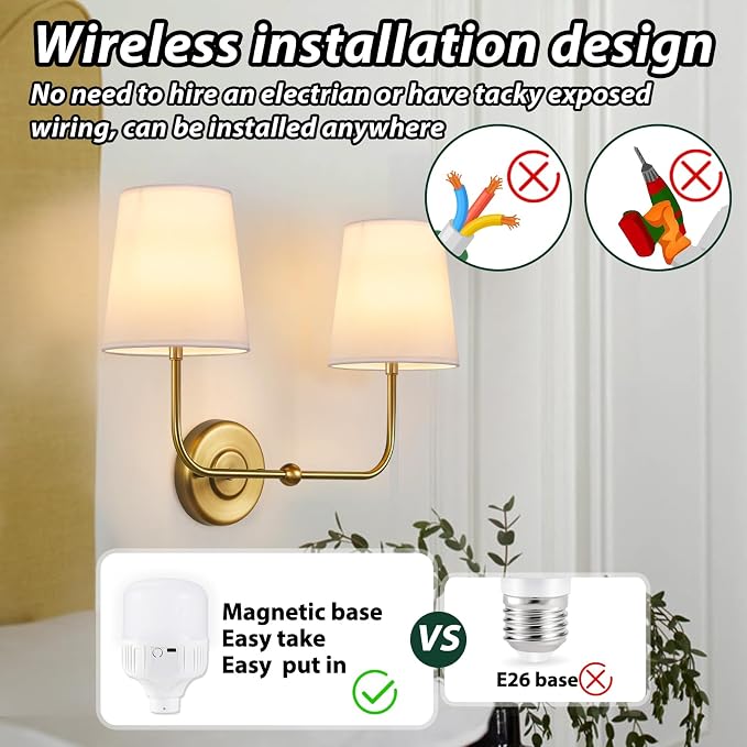 Battery Operated Double Wall Sconce, Cordless Rechargeable Battery Powered 2-Lights Fabric Sconces with Remote Control,Dimmable Sconce Wall Decor Lights for Vanity,Bedroom, Living Room