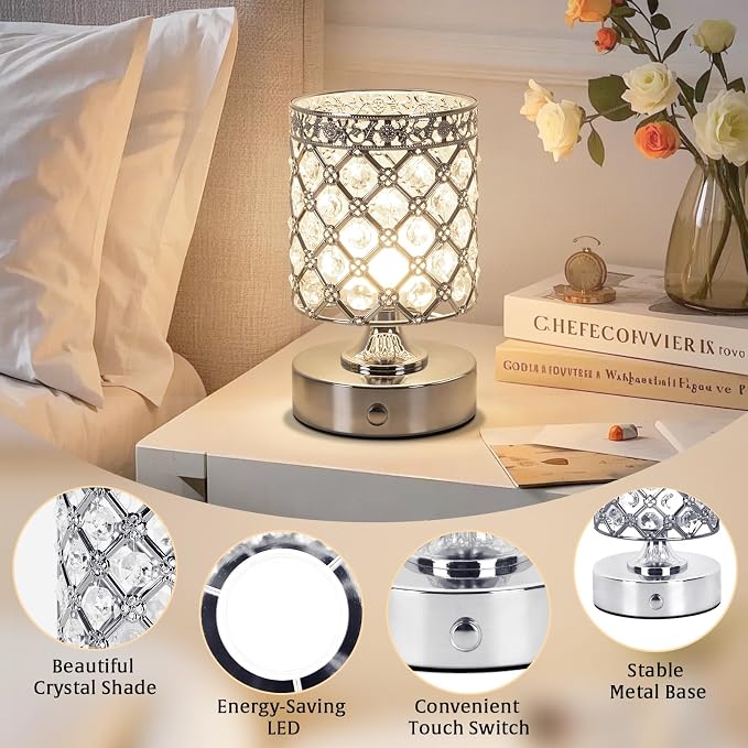 Silver Small Crystal Rechargeable Cordless Table Lamps Set of 2 | 6000mAh Battery, 3 Color Temps, Stepless Dimming, Touch Control, Portable Wireless Night Light for Bar Bedroom Living Room