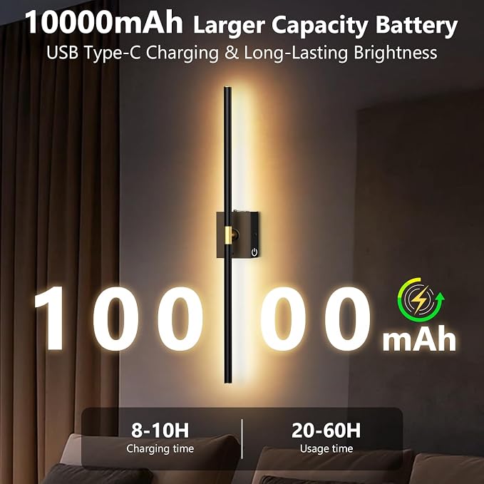 Eneru Battery Operated Wall Sconces Set of 2, Rechargeable Wireless Lights | 10000mAh Battery Powered, Touch and Remote Control, 4CCT Dimmable Wall Lamps for Indoor Living Room Hallway Picture Bedroom