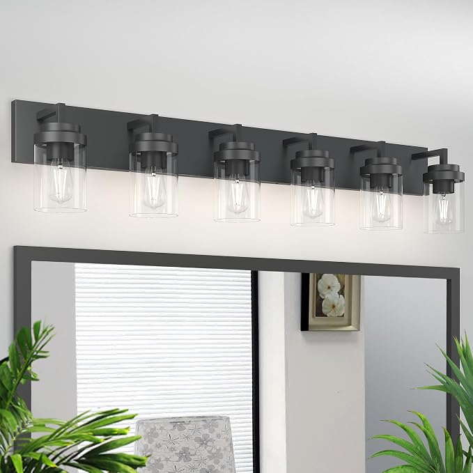 Bathroom Vanity Light, 6 Light Bathroom Light Fixtures Over Mirror, Black Vanity Lights with Clear Glass Shade, Modern Bathroom Light Fixtures for Bedroom, Hallway