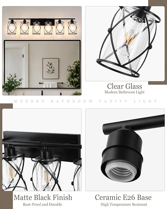 6-Light Matte Black Bathroom Light Fixtures Over Mirror, 42" UL-Listed Modern Wall Sconce Lights with Clear Glass and Metal Cage for Bath, Hardwire E26, CH9176BK-6W