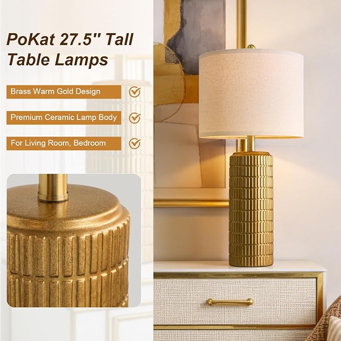 PoKat 27.5'' Tall Brass Gold Table Lamps Set of 2 for Living Room, Modern Table Lamps for Bedroom Night Stands, Retro Ceramic Bedside Lamps, Nightstand Lamps for Sideboard Side End Table, Gold